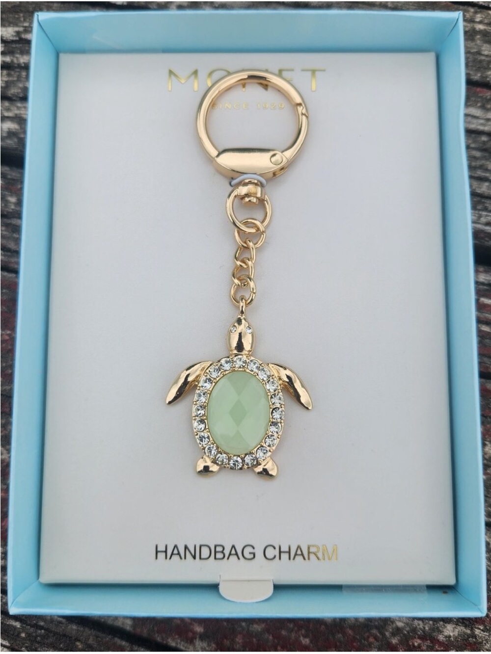 Monet Gold Turtle Keychain with Light Green Stone